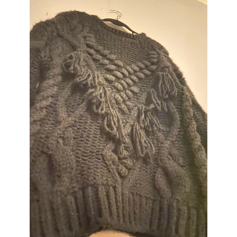 ZARA Knit, Black Embroidery Fringe Sweater, Sz S